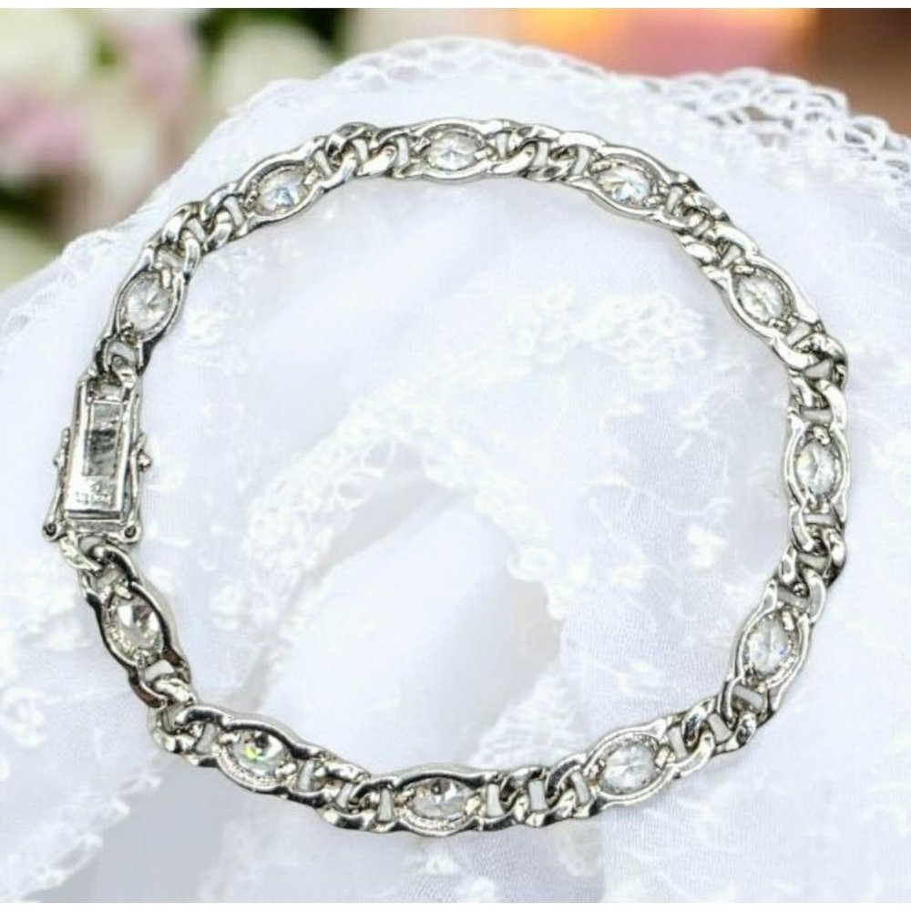 New Tocara Sterling Silver Bracelet Oval DiAmi Crystals Sparkle 925 Curb Link 7"